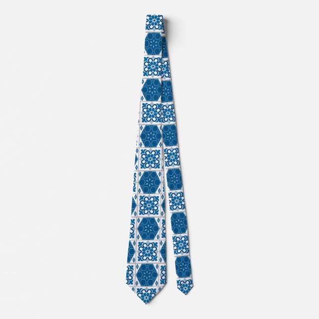 White and Blue Tiles Moroccan Style Neck Tie (Front)