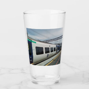 White and blue train glass