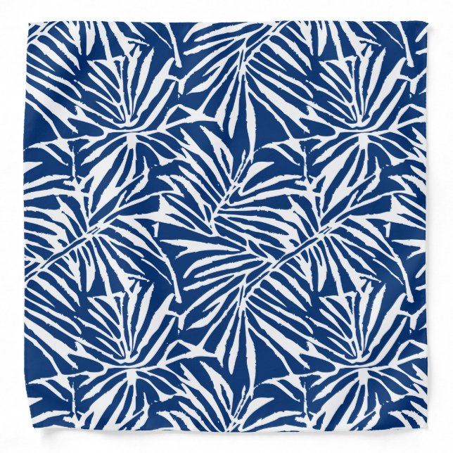 White And Blue Tropical Leaf Repeating Pattern Bandana (Front)