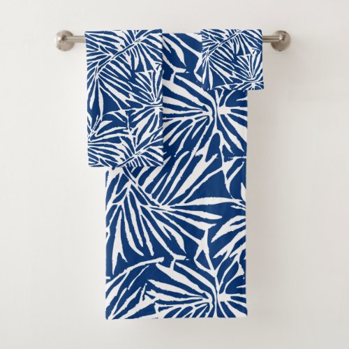 White And Blue Tropical Leaf Repeating Pattern Bath Towel Set