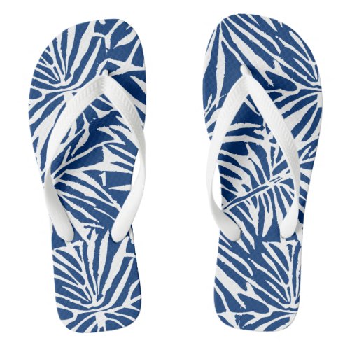 White And Blue Tropical Leaf Repeating Pattern Flip Flops