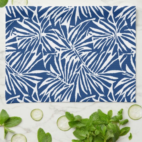 White And Blue Tropical Leaf Repeating Pattern Kitchen Towel