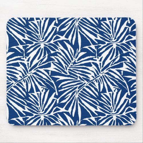 White And Blue Tropical Leaf Repeating Pattern Mouse Pad