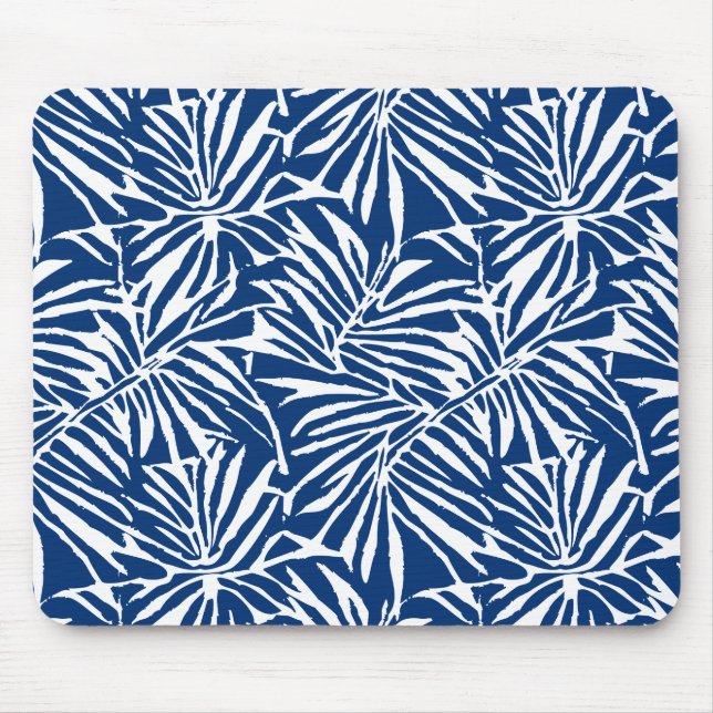 White And Blue Tropical Leaf Repeating Pattern Mouse Pad (Front)