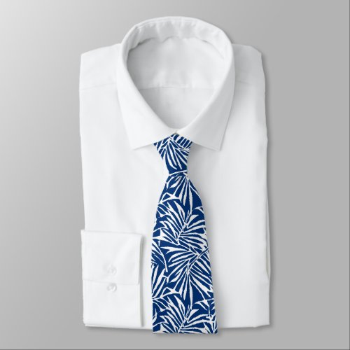 White And Blue Tropical Leaf Repeating Pattern Neck Tie