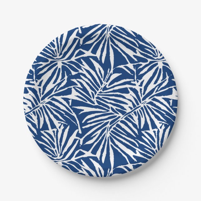 White And Blue Tropical Leaf Repeating Pattern Paper Plates (Front)