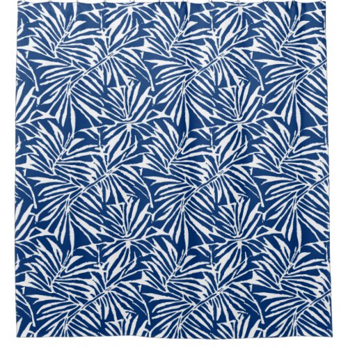 White And Blue Tropical Leaf Repeating Pattern Shower Curtain