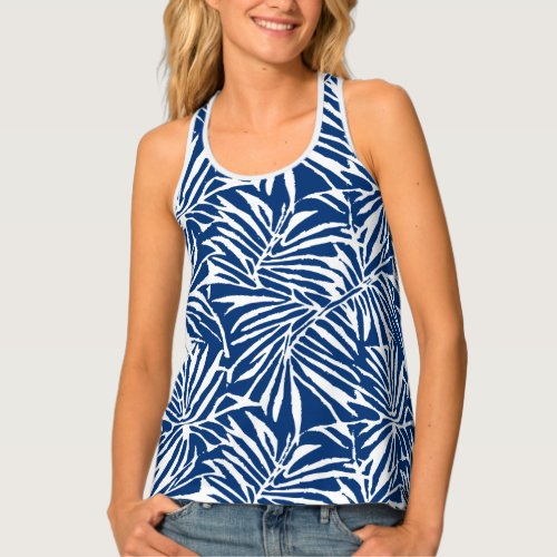 White And Blue Tropical Leaf Repeating Pattern Tank Top