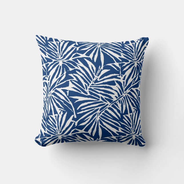 White And Blue Tropical Leaf Repeating Pattern Throw Pillow (Front)