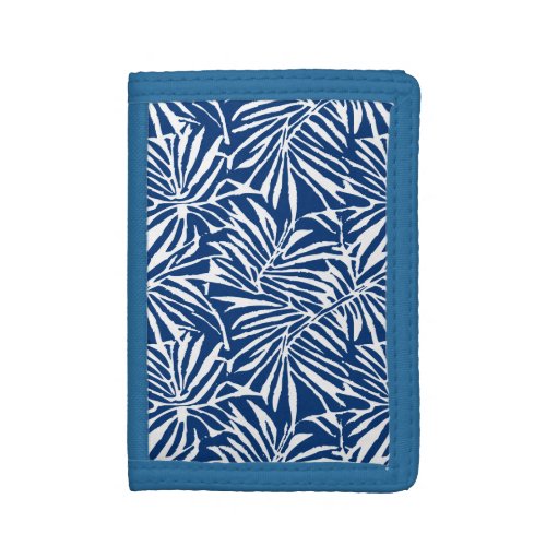 White And Blue Tropical Leaf Repeating Pattern Trifold Wallet