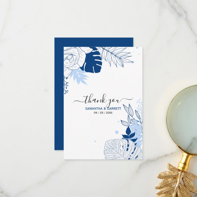 White And Blue Tropical Leaves  Thank You Card (Front/Back In Situ)