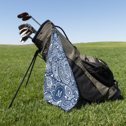White and blue vintage paisley pattern monogram golf towel
