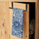 White and blue vintage paisley pattern monogram kitchen towel<br><div class="desc">The white vintage floral ethnic paisley pattern over a navy-blue but changeable background. Customizable monogram.</div>