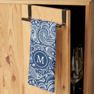White and blue vintage paisley pattern monogram kitchen towel