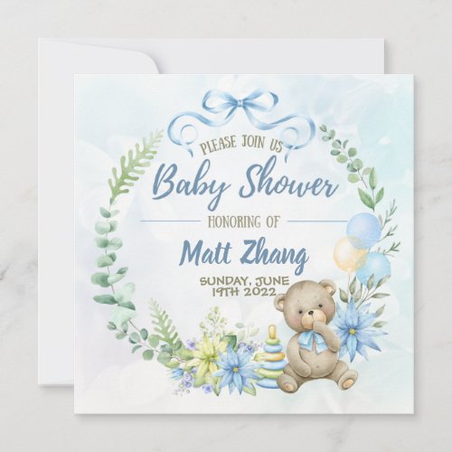 White and Blue Watercolor Floral Baby Shower Invit Invitation