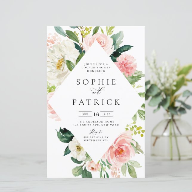 White and Blush Floral Frame Couples Shower Invite (Standing Front)