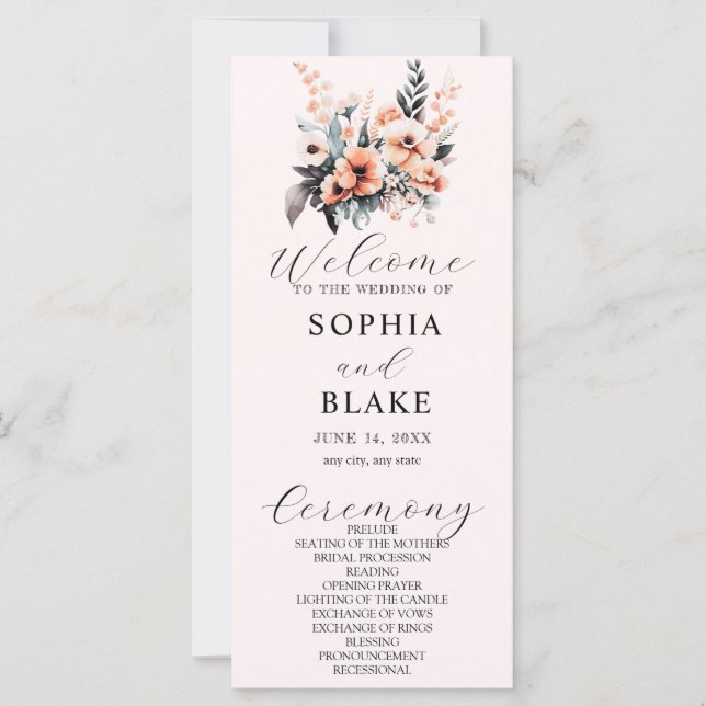 White and Blush Flowers Cream Wedding Program (Front)