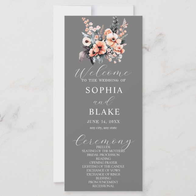 White and Blush Flowers Gray Wedding Program (Front)