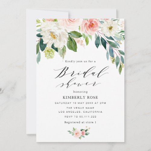 white and blush pink floral bridal shower invitation