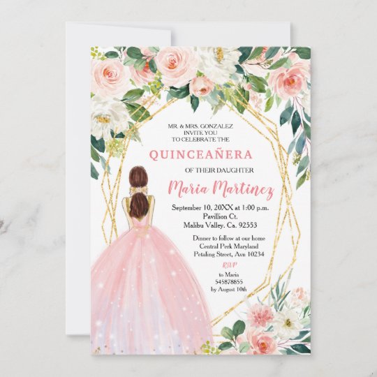 White And Blush Pink Floral Quinceañera Invitation 