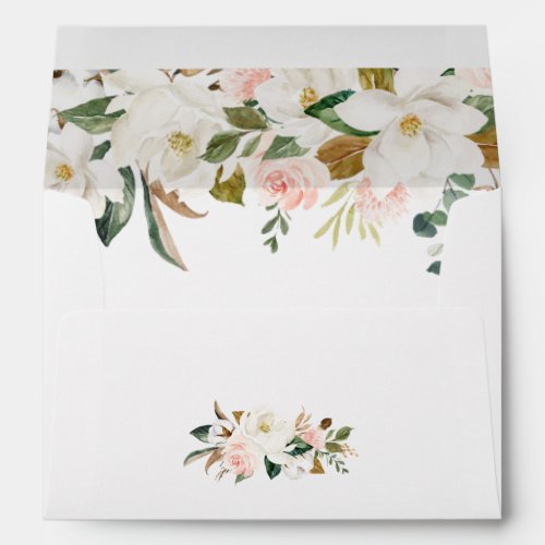 White and Blush Pink Magnolia Floral Wedding Envelope