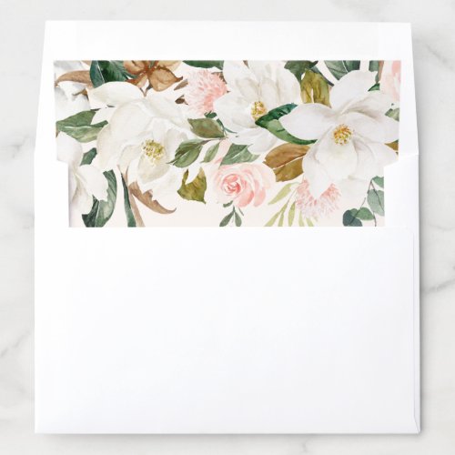 White and Blush Pink Magnolia Floral Wedding Envelope Liner