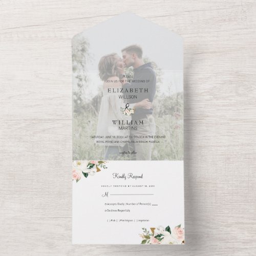 White and Blush Pink Magnolia Floral Wedding Photo All In One Invitation