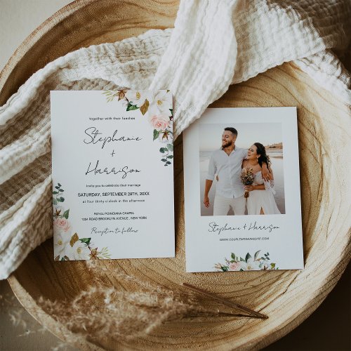 White and Blush Pink Magnolia Floral Wedding Photo Invitation