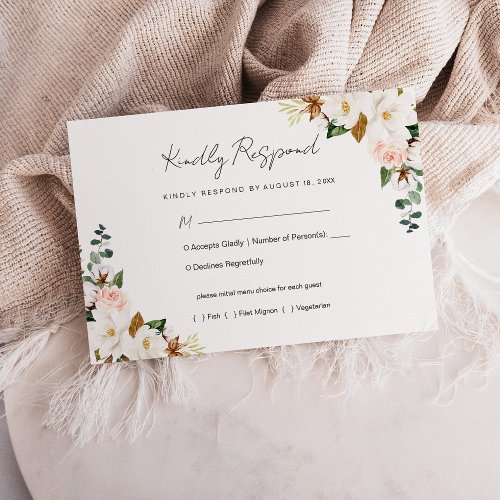 White and Blush Pink Magnolia Floral Wedding RSVP