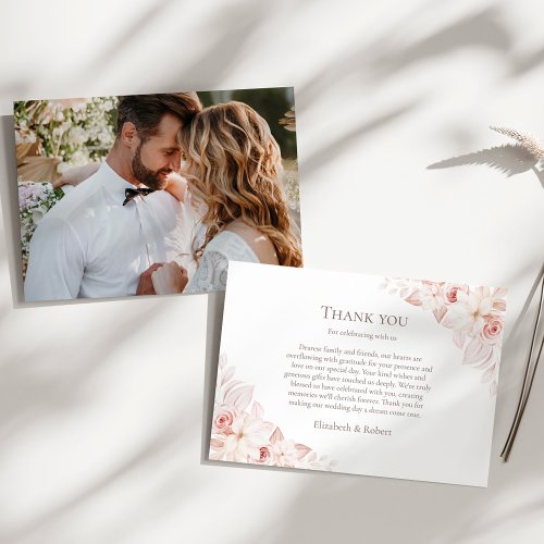 White and Blush Pink Roses Couple Photo Wedding Thank You Card