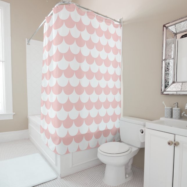 White and Blush Pink Scallop Shower Curtain (In Situ)