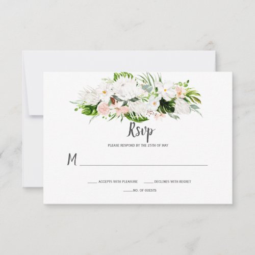 White and Blush Pink Tropical Watercolor Floral RSVP Card