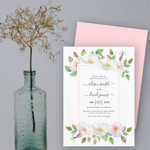 White and blush pink wild dog rose floral wedding invitation