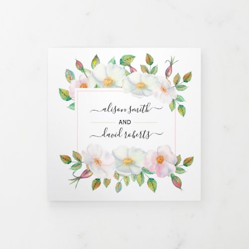 White and blush pink wild rose pink floral wedding Tri_Fold invitation