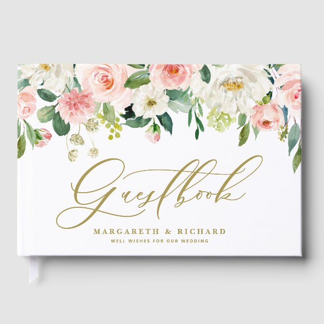 White and Blush Spring Flowers Photo Wedding Guest Book (Front)