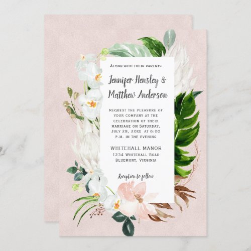 White and Blush Tropical Floral Wedding Invitation