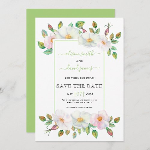 White and blush wild roses green floral save the date