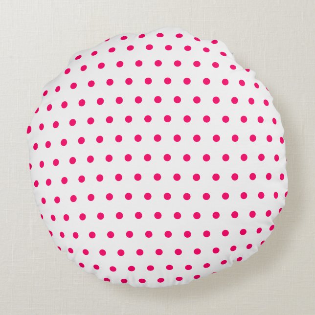 White and Bright Pink Polka Dots Round Pillow (Back)