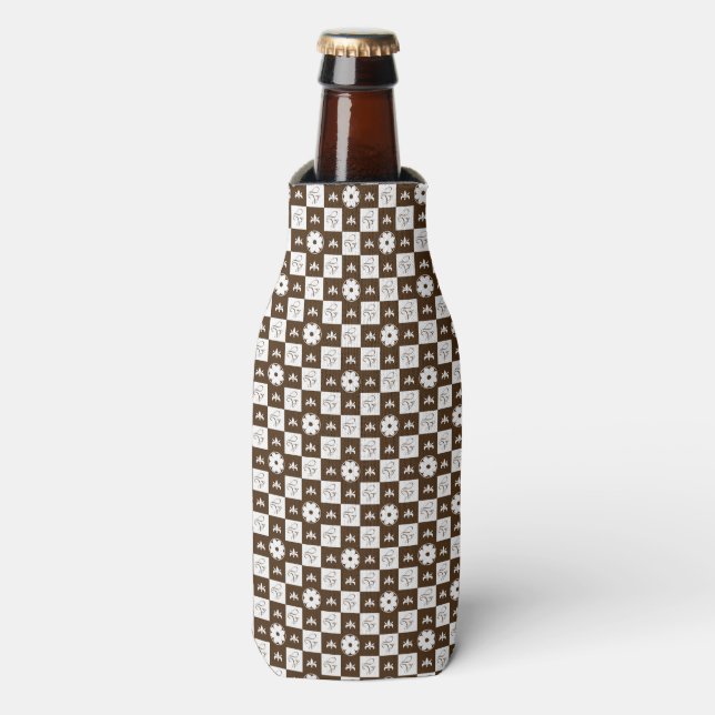 White and Brown Checkered Pattern Bottle Cooler (Bottle Front)