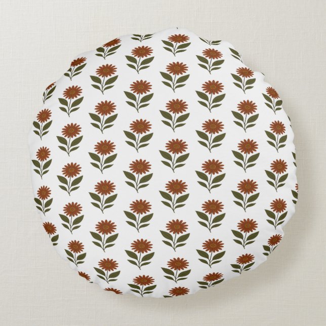 White and Brown Floral Boho  Round Pillow (Back)