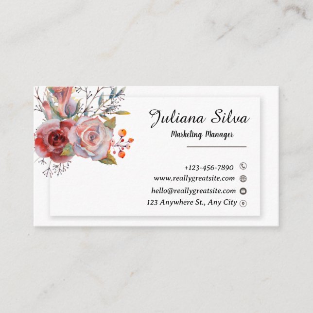 White And Brown Floral Business Card Landscape (Front)