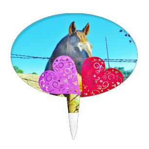 White and Brown horse Valentine Hearts Cake Topper
