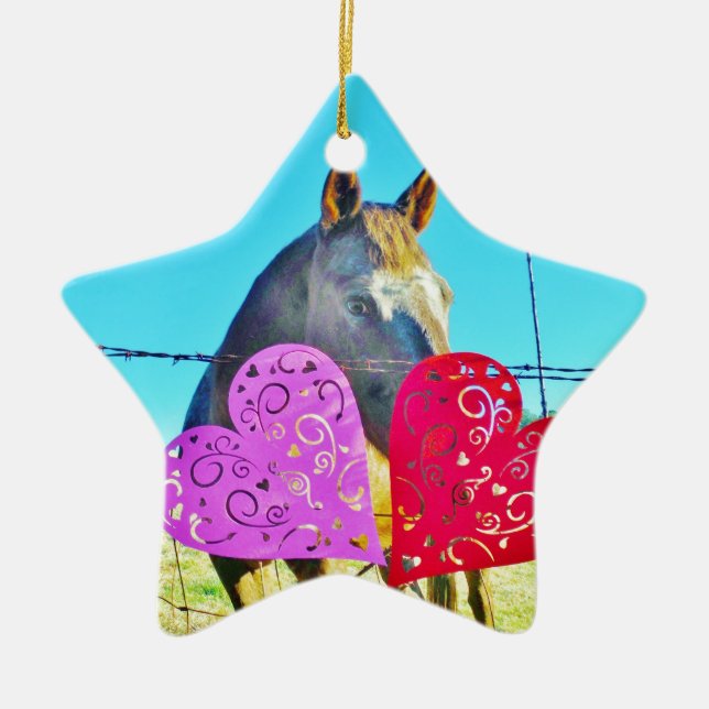 White and Brown horse Valentine Hearts Ceramic Ornament (Front)