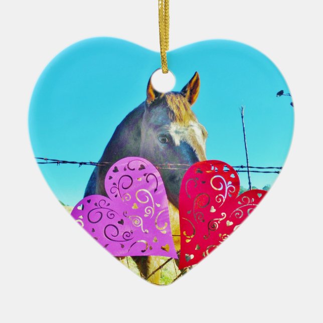 White and Brown horse Valentine Hearts Ceramic Ornament (Front)