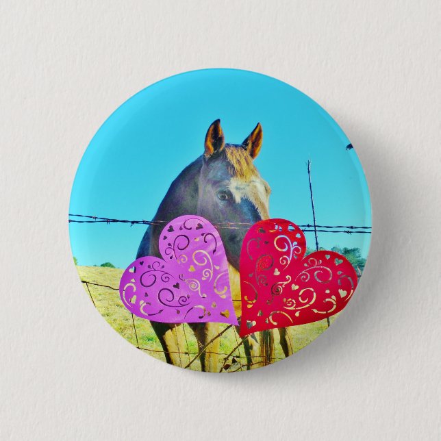 White and Brown horse Valentine Hearts Pinback Button (Front)