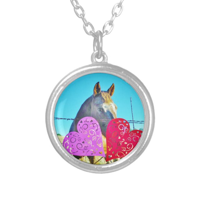 White and Brown horse Valentine Hearts Silver Plated Necklace (Front)
