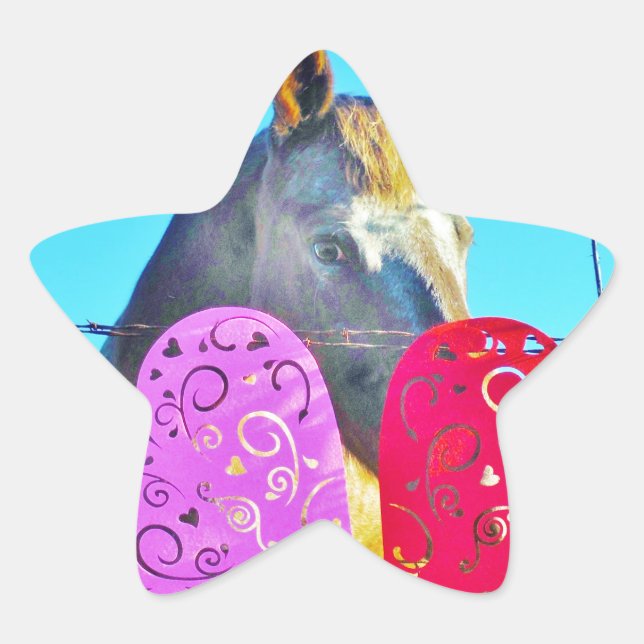 White and Brown horse Valentine Hearts Star Sticker (Front)