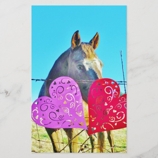 White and Brown horse Valentine Hearts Stationery (Front)