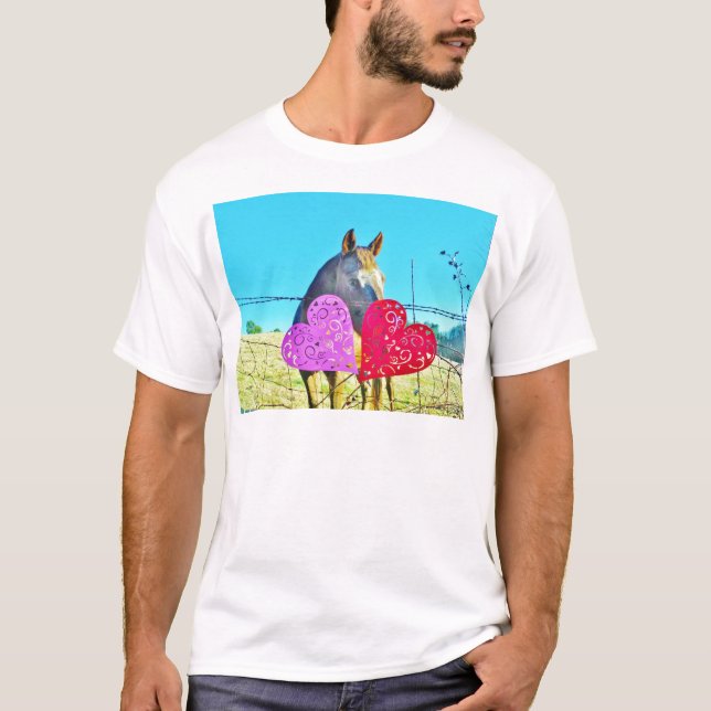 White and Brown horse Valentine Hearts T-Shirt (Front)