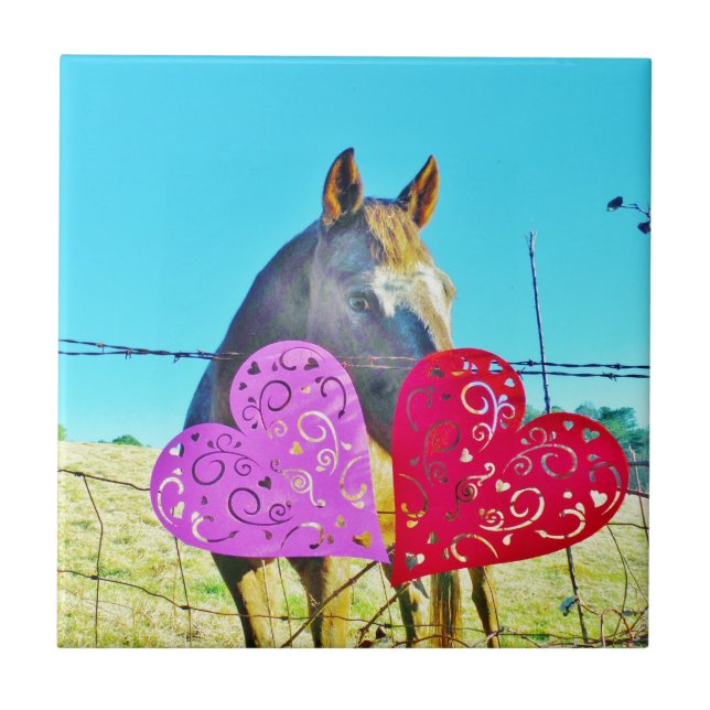 White and Brown horse Valentine Hearts Tile (Front)